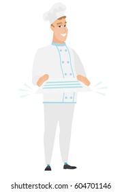 Cheerful caucasian chef cook holding a contract. Full length of smiling chef cook with a contract. Young chef cook holding a contract. Vector flat design illustration isolated on white background.