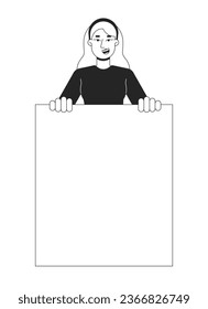 Cheerful caucasian demonstrator flat line black white vector character. Female woman with banner. Editable outline half body person. Simple cartoon isolated spot illustration for web graphic design