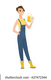 Cheerful caucasian farmer in sumer hat drinking beer. Full length of smiling farmer with glass of beer. Young farmer holding mug of beer. Vector flat design illustration isolated on white background