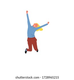 Cheerful caucasian girl is jumping in joy. Isolated on white background. Flat style vector illustration