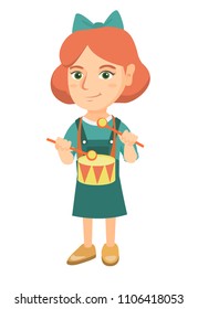 Cheerful caucasian girl playing the drum. Full length of joyful girl playing the drum with drumsticks. Vector sketch cartoon illustration isolated on white background.