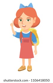 Cheerful caucasian girl pointing her forefinger up. Full length of happy smiling girl pointing forefinger up. Vector sketch cartoon illustration isolated on white background.