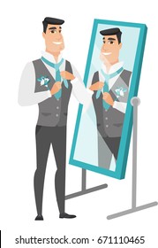 Cheerful caucasian groom has a final preparation before the wedding in front of the mirror. Groom looking in the mirror and adjusting tie. Vector flat design illustration isolated on white background. svg