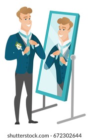 Cheerful caucasian groom has a final preparation before the wedding in front of the mirror. Groom looking in the mirror and adjusting tie. Vector flat design illustration isolated on white background. svg