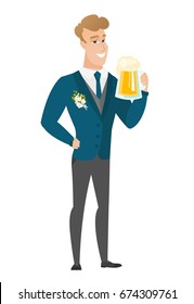 Cheerful caucasian groom in a wedding suit drinking beer. Full length of smiling groom with beer. Young happy groom holding a mug of beer. Vector flat design illustration isolated on white background.