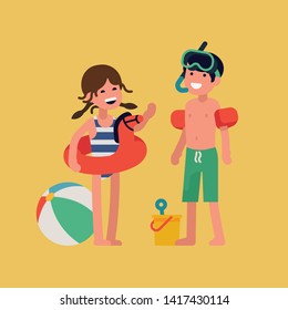 Cheerful caucasian kids ready to have fun on summer beach. Seaside vacation themed illustration with small children standing full length wearing swimsuits and waterside activities items