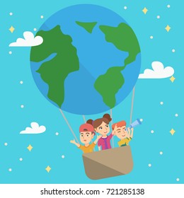 Cheerful caucasian kids riding a hot air balloon that looks like Earth planet. Kids traveling in hot air balloon and looking through a telescope. Vector sketch cartoon illustration. Square layout.