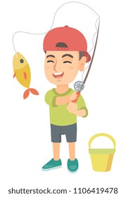 Cheerful caucasian little boy fishing. Smiling boy standing near the bucket for fish and holding fishing rod with fish on a hook. Vector sketch cartoon illustration isolated on white background.