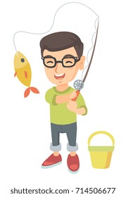 Cheerful caucasian little boy fishing. Smiling boy standing near the bucket for fish and holding fishing rod with fish on a hook. Vector sketch cartoon illustration isolated on white background.