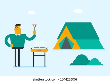 Cheerful caucasian man cooking steak on the barbecue outdoors. Young smiling man holding kitchen tongs with a steak while standing near the barbecue. Vector cartoon illustration. Horizontal layout.