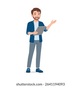 Cheerful Caucasian man holding tablet and presenting with open hand gesture illustration - Powered by Shutterstock - Get 15% off with code: PIKWIZARD15