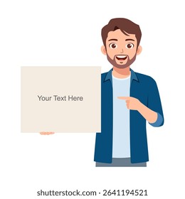 Cheerful Caucasian man presenting a blank board with finger pointing, advertising concept