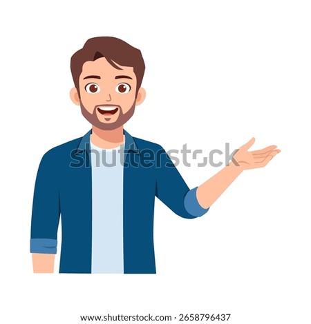 A cheerful Caucasian man presenting or offering something with hand gesture in studio shot on white background