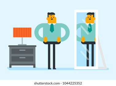 Cheerful caucasian white businessman looking at himself in the mirror and giving thumbs up. Happy man checking his appearance in front of the mirror. Vector cartoon illustration. Horizontal layout.