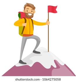 Cheerful caucasian white climber standing on the top of mountain with a red flag. Young smiling mountaineer climbing on a rock. Vector cartoon illustration isolated on white background. Square layout.