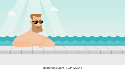 Cheerful caucasian white man relaxing in the swimming pool at resort. Happy smiling man in sunglasses bathing in the swimming pool. Vector cartoon illustration. Horizontal layout.