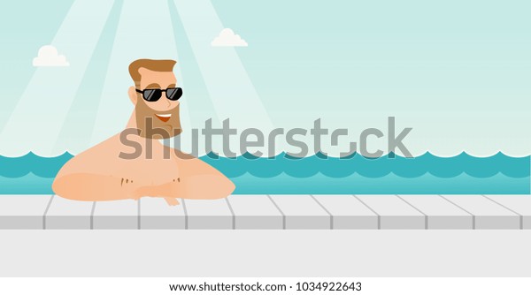 リゾートでプールでくつろぐ 元気な白人男性 プールで水浴びするサングラスをかけた幸せな笑顔の男性 ベクターカートーンイラスト 水平レイアウト のベクター画像素材 ロイヤリティフリー