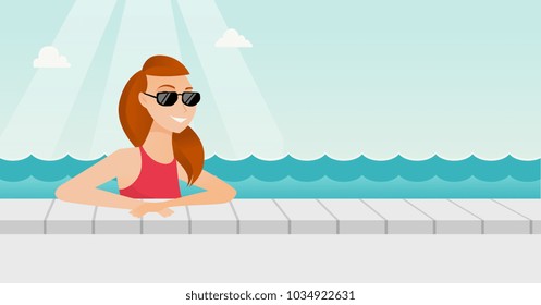 Cheerful caucasian white woman relaxing in the swimming pool at resort. Happy smiling woman in sunglasses bathing in the swimming pool. Vector cartoon illustration. Horizontal layout.