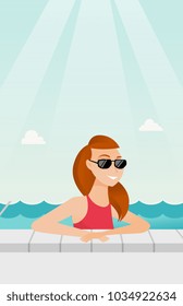 Cheerful caucasian white woman relaxing in the swimming pool at resort. Happy smiling woman in sunglasses bathing in the swimming pool. Vector cartoon illustration. Vertical layout.