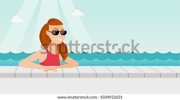 リゾートでプールでくつろぐ 元気な白人の白人女性 プールで水浴びするサングラスをかけた幸せな笑顔の女性 ベクターカートーンイラスト 水平レイアウト のベクター画像素材 ロイヤリティフリー
