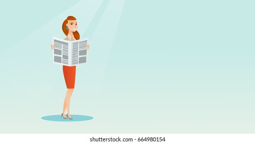 Cheerful caucasian woman reading a newspaper. Young woman reading good news in a newspaper. Full length of woman standing with a newspaper in hands. Vector flat design illustration. Horizontal layout.
