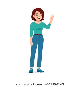 Cheerful Caucasian Woman Waving Hand in a Friendly Gesture with Positive Expression in Casual Attire