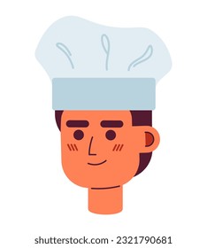 Alegre joven caucásico en cabeza de personaje vectorial semi plana de chef. Chef con uniforme. Icono de avatar de caricatura editable. Enfrentar la emoción. Ilustración de puntos coloridos para diseño gráfico web, animación