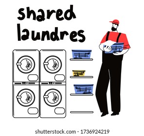 Cheerful Caucasian young man having fun as throwing clothes from basket at laundry service. Happy satisfied boy tossing up clothing at washing machines.