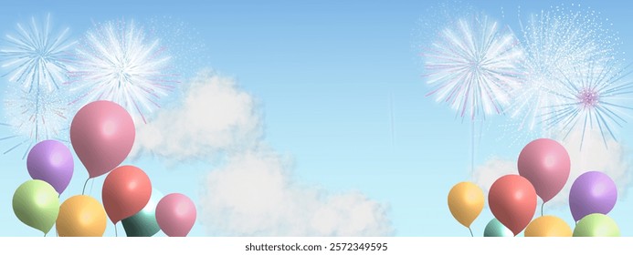 A cheerful celebration design with colorful balloons, fluffy clouds, and vibrant fireworks against a bright blue sky, evoking joy and festivity.