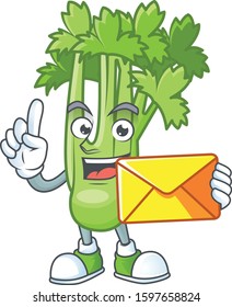 Cheerful celery plant mascot cartoon with envelope