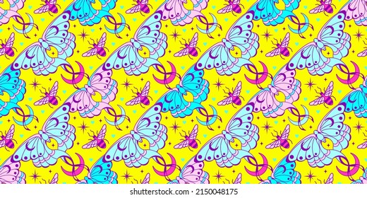 Cheerful celestial spring seamless background with moth and honey bee. Fluorescent bloom magic graphic for yoga, fairy or witchy themed products