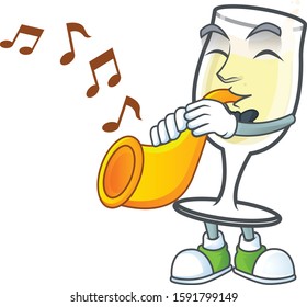 Cheerful champagne glass cartoon character performance with trumpet