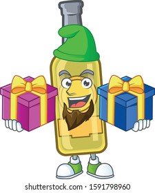 Cheerful champagne yellow bottle cartoon design with Christmas gift boxes