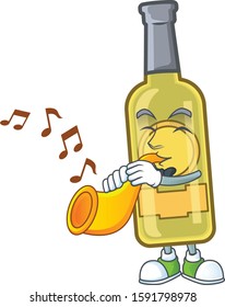 Cheerful champagne yellow bottle cartoon character performance with trumpet