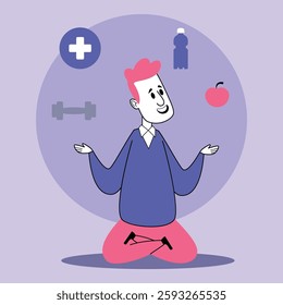 Cheerful character balancing dumbbell, water bottle, and apple while kneeling. Positive approach to well-being and fitness concept