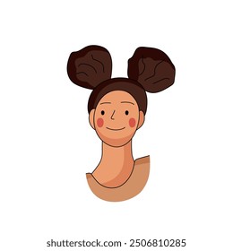 A cheerful character with brown hair styled in playful buns and a warm smile on a plain background