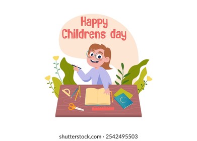 A cheerful character celebrates Children's Day with joy, holding a pencil. Vector illustration