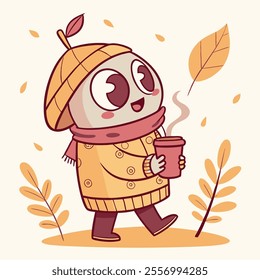 A cheerful character in a cozy sweater enjoys a warm drink in autumn.