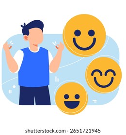 A cheerful character enjoys moments of calm with smiley icons symbolizing emotional well-being, peace, and mental relaxation
