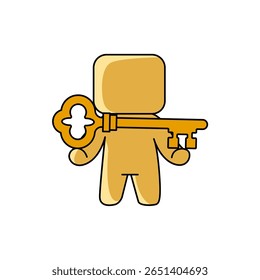Uma figura de personagem alegre segura uma grande chave de ouro, simbolizando o potencial de desbloqueio e criatividade. O design é divertido e colorido.