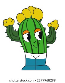 Cheerful character in form of cactus with small spikes, big eyes, smile on face. Mascot with flowers in blossom. Plant emoji or emoticon, sticker, or cartoon personage. Vector in flat styles
