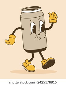 Cheerful character in form of tin can for drinks with big eyes and smile on face. Mascot with hand and legs walking. Beverage emoji or emoticon, sticker or cartoon personage. Vector in flat style