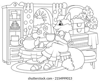 Cheerful character, the fox sits near the window and drinks tea. House interior, furniture. Vector, page for printable children coloring book.