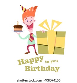 Cheerful character with a gift and a cake. Vector illustration birthday.