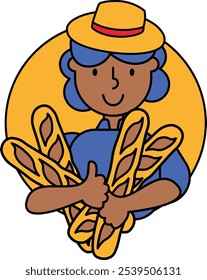 A cheerful character in a hat holds a freshly baked baguettes in each hand vector cartoon illustration. Joy and satisfaction, the delight of freshly baked bread on a sunny day outdoors