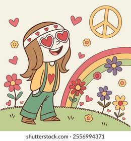 A cheerful character with heart-shaped sunglasses enjoys a colorful, peaceful scene.