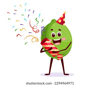 Cheerful character lemon in a party hat with a party cracker with confetti. Greeting cartoon card, vector
