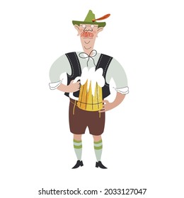 A cheerful character of the Oktoberfest festival. A man in a traditional German suit with a beer mug. Vector illustration.