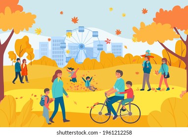 Cheerful character people relax walk orange national autumn park, group human stroll together urban outdoor flat vector illustration.