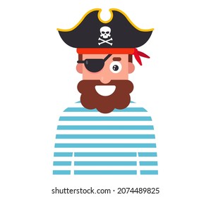 cheerful character pirate with a beard and a hat. flat vector illustration.